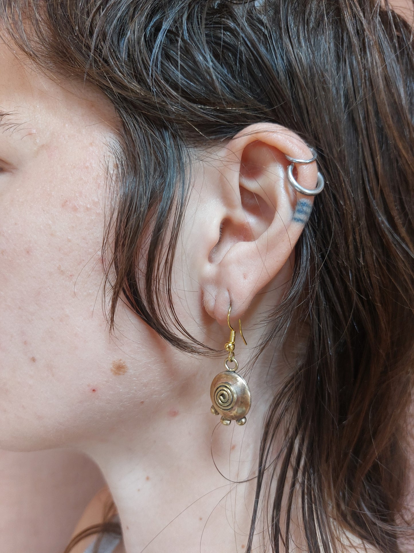 Brass Lentil Earrings with Spiral